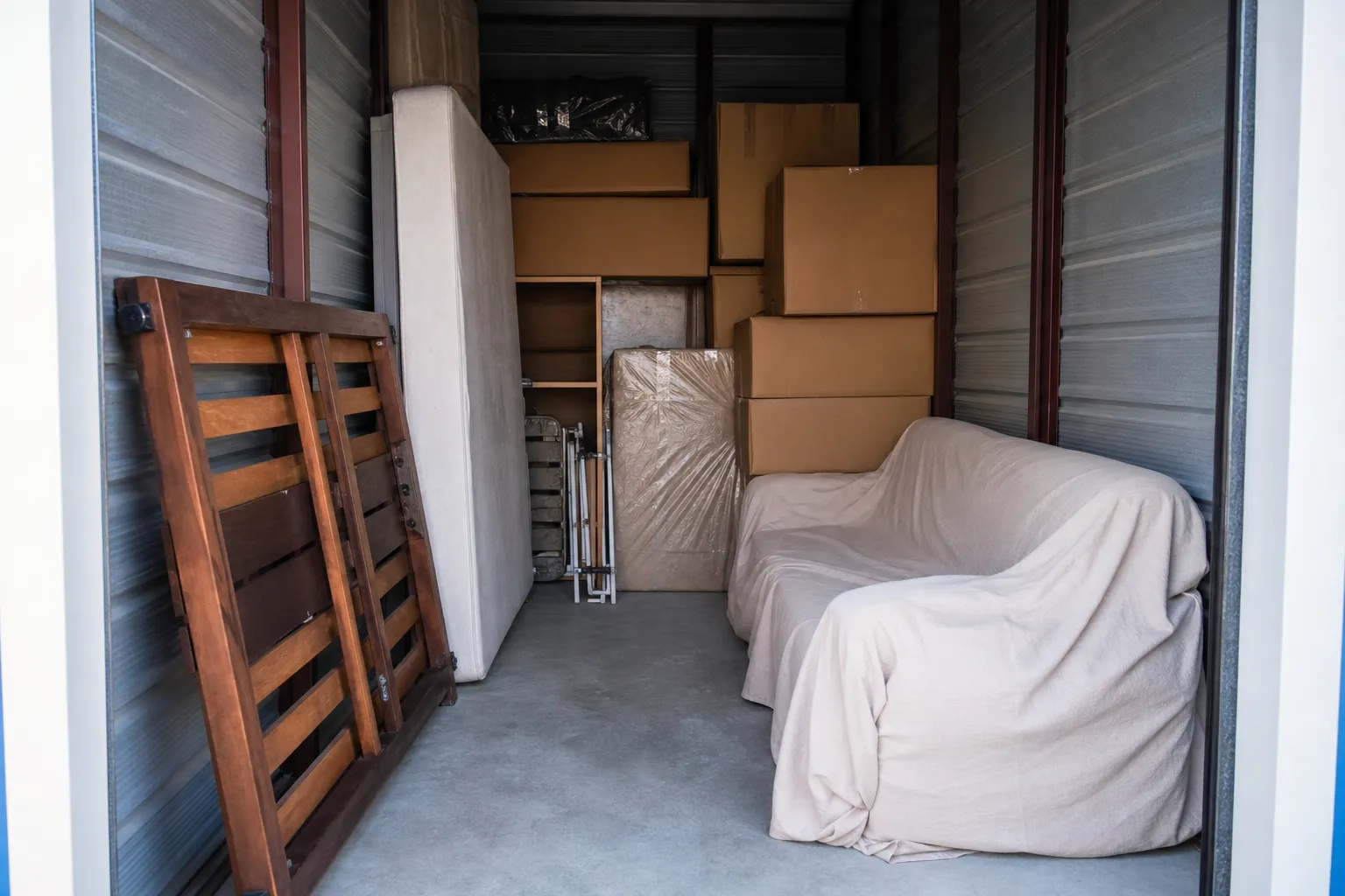 Intérieur d’un box de stockage avec meubles et cartons rangés, espace de circulation laissé libre