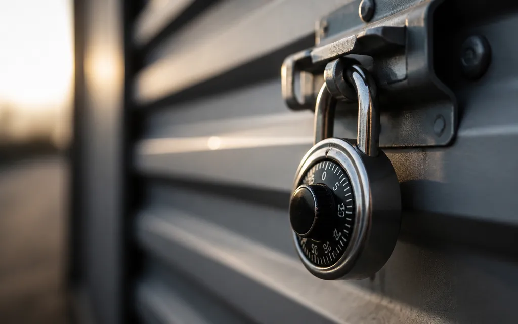 Cadenas à combinaison fixé sur une porte de box de stockage métallique