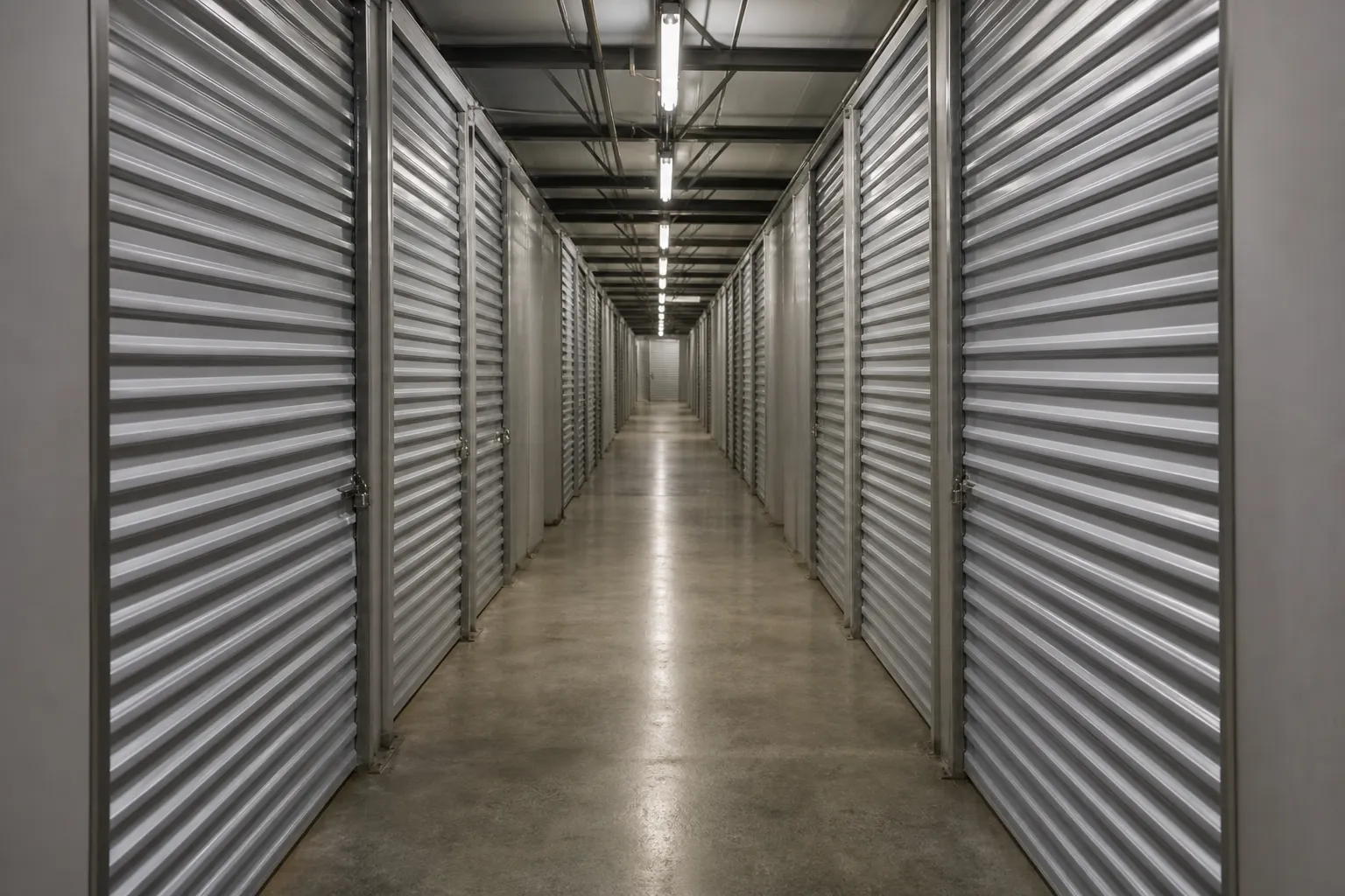 Couloir intérieur d’un centre de stockage, rangée de portes de box métalliques fermées